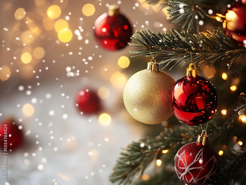 Poster festive christmas tree with red and gold baubles and captivating snowfall reflections : generative a