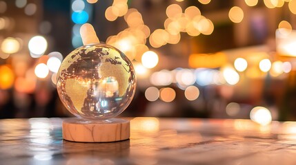 Glowing Globe with Bokeh Lights on Marble Surface at Night : Generative AI
