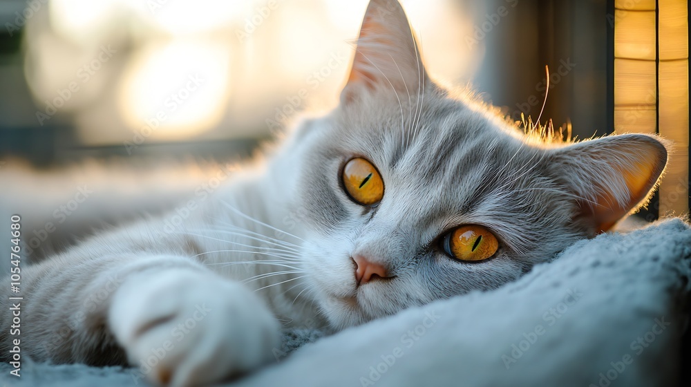Poster gray cat with amber eyes relaxing in cozy setting with warm lighting : generative ai