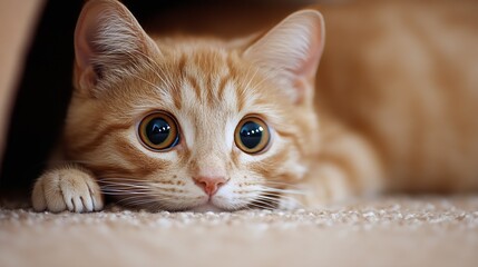 Adorable Ginger Kitten Lying Comfortably on Soft Carpet with Curious Big Eyes and Playful Expression for Pet Enthusiasts : Generative AI