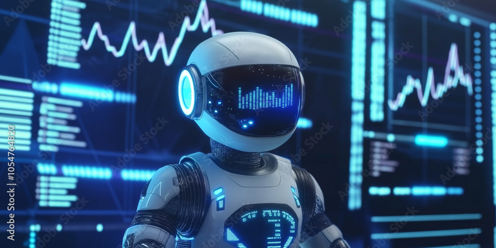 Poster Robot analyzing stock market data on digital screens: artificial intelligence in finance