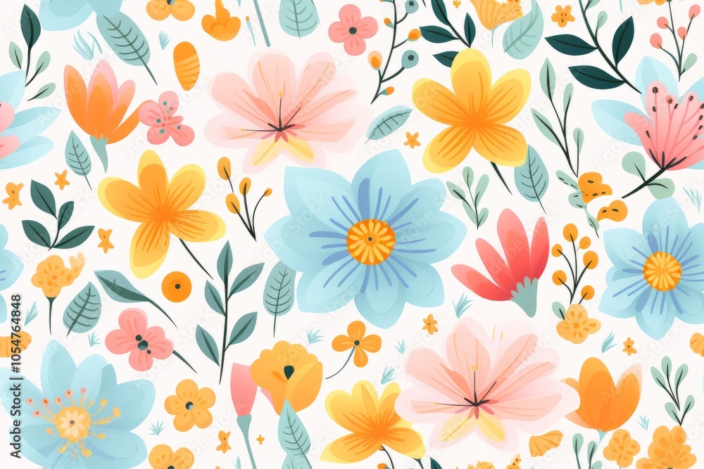 Poster colorful springtime splendor pattern: a vibrant pattern with various spring flowers, symbolizing the