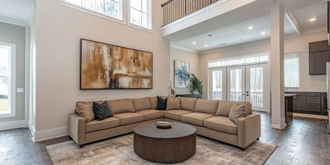 Fototapeta premium Modern Living Room with Sectional Sofa and Large Windows