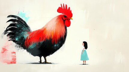 Fototapeta premium A large rooster with red and black feathers stands next to the young girl,
