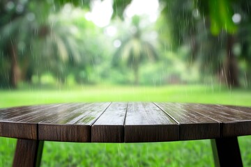 Fototapeta premium Rain Falling on Wooden Table in Lush Green Tropical Garden Creating Serene and Refreshing Atmosphere : Generative AI