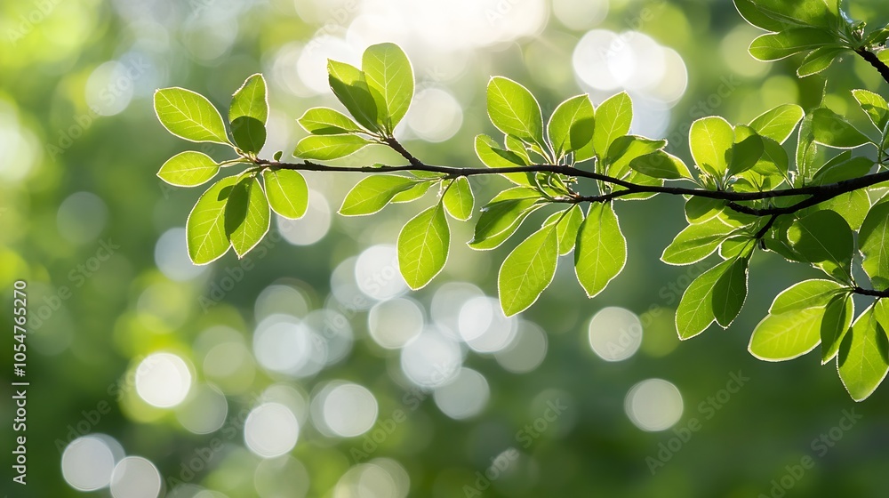 Poster Closeup of Green Leaf Branch Illuminated by Sunlight in a Serene Forest Setting : Generative AI