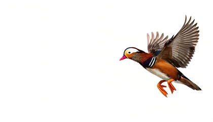 Obraz premium Male mandarin duck - Aix galericulata - is a perching species native to the East Palearctic. It is sexually dimorphic, with males showing a dramatic difference from the females. Isolated on white