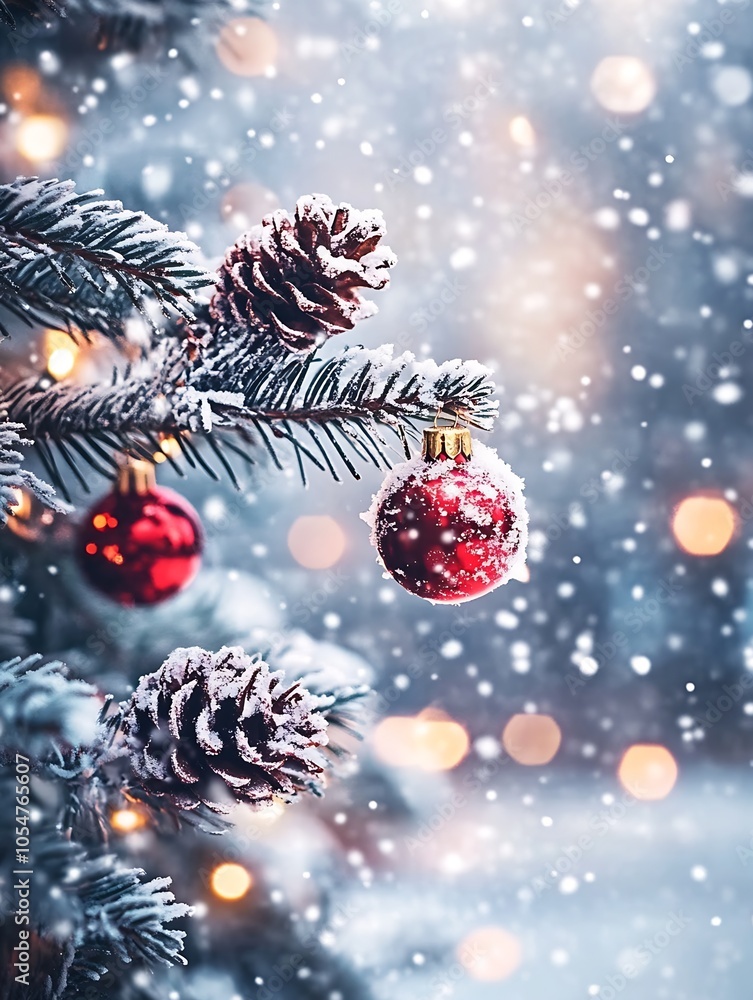 Poster snowcovered christmas tree with red ornaments surrounded by falling snow : generative ai