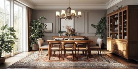 Elegant Dining Room Interior Design with Wooden Table and Chandelier