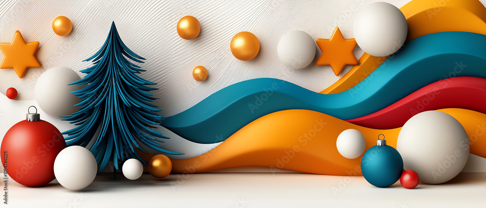 Poster exploring vibrant abstract designs a colorful tree amidst bold patterns and shapes