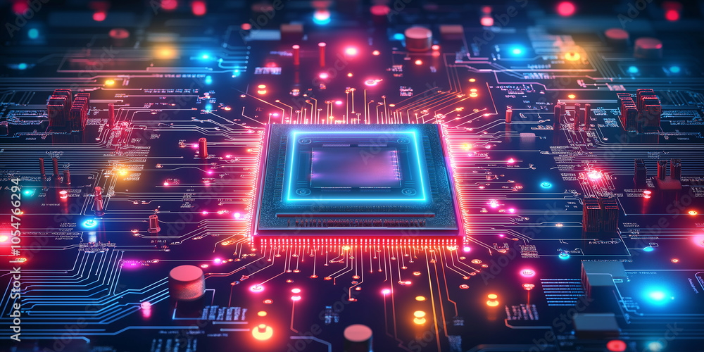 Poster Cpu processing data on motherboard with glowing circuits