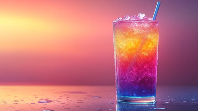 vibrant, colorful crushed ice slushy drink in a transparent cup, showcasing bright layers. The empty cup symbolizes refreshment, summer fun, and the joy of enjoying cool beverages