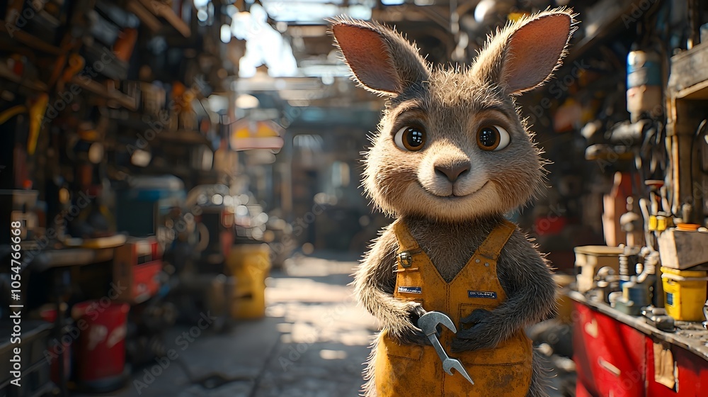 Aufkleber friendly 3d animated kangaroo character in a playful cartoon style working as a mechanic in a vibran