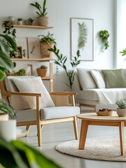 Fototapeta premium Bright and Airy Scandinavian Living Room with Greenery and Wooden Furniture Elements : Generative AI