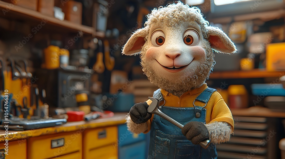 Aufkleber a 3d animated cartoon sheep mechanic with a friendly expression holding a wrench while working in a 
