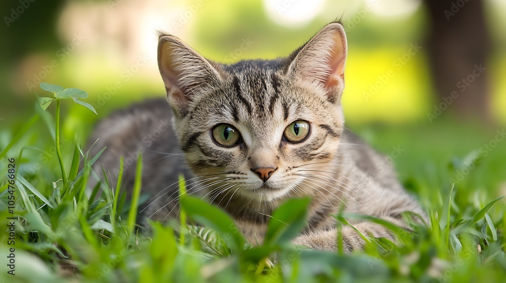 Poster cute tabby cat lying in green field staring intently with bright eyes : generative ai