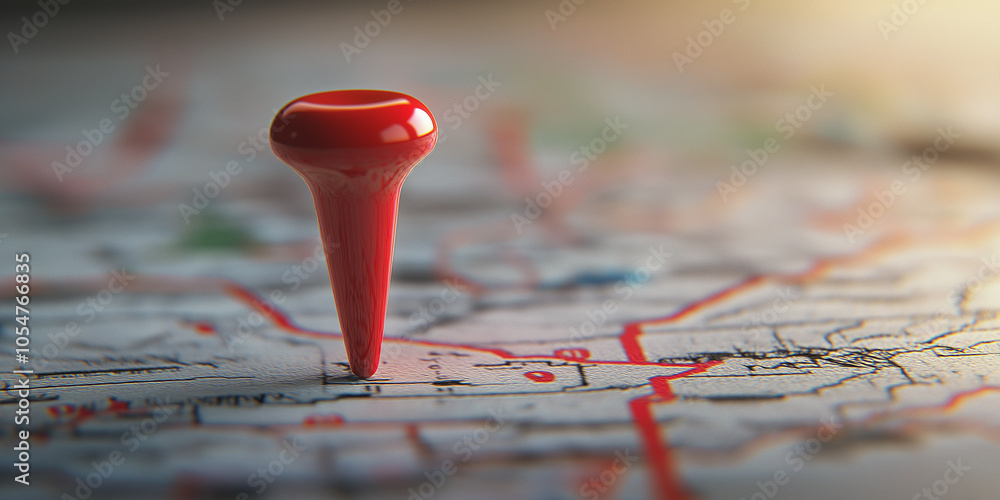 Poster red push pin marking location on map shows destination
