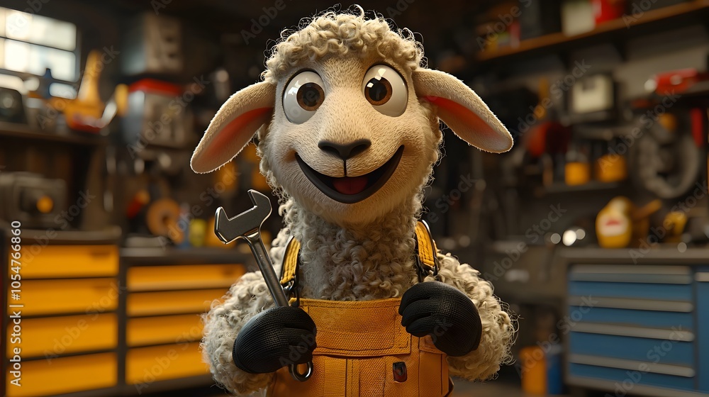 Poster cheerful 3d animated sheep mechanic character holding wrench and smiling in colorful well organized 
