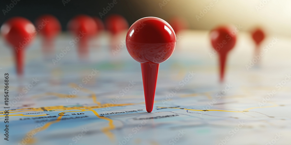 Poster red push pins showing locations on map