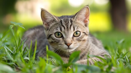 Obraz premium Cute Tabby Cat Lying in Green Field Staring Intently with Bright Eyes : Generative AI