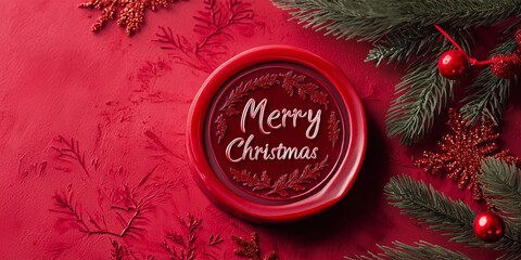 Merry christmas wax seal with festive red background and decorations