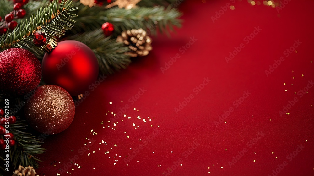 Aufkleber red background with festive christmas ornaments and rustic greenery decoration : generative ai