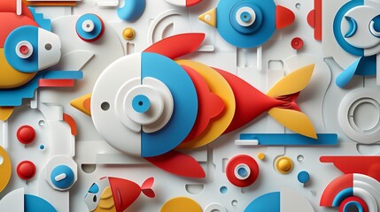 Obraz premium Vibrant Paper Arts Collage with Colorful Geometric Shapes and Playful Fish Motifs