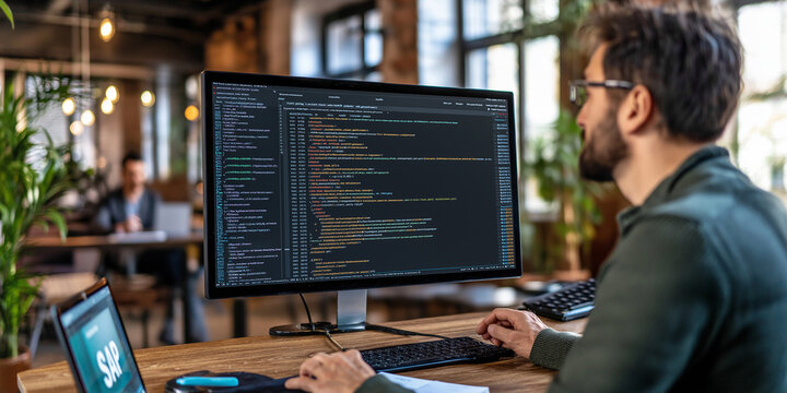 Software developer programming javascript application working on computer in office