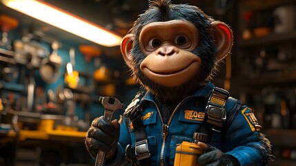 Cheerful cartoon style 3D monkey mechanic with wrench standing amidst tools and equipment in a vibrant well equipped automotive garage showcasing his skills and expertise