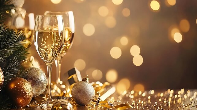 Festive Champagne Glasses with Sparkling Bokeh for Celebration and Holiday Themes : Generative AI