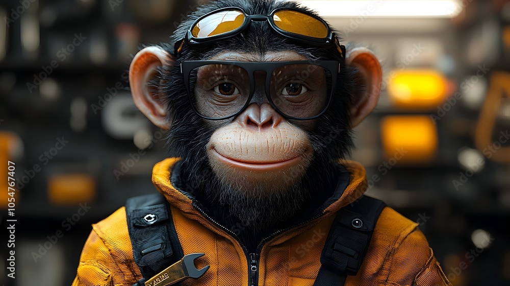 Aufkleber cartoon style 3d rendering of a cheerful monkey mechanic smiling and holding a wrench in a vibrant w