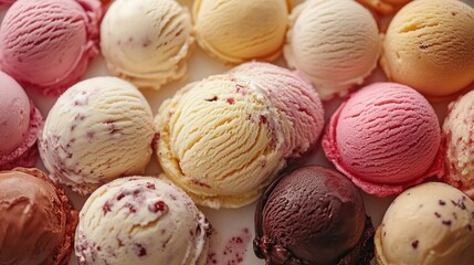 Many scoops of different flavored ice cream. Perfect for a commercial, advertisement, or website about ice cream.