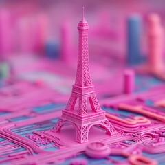 A vibrant pink model of the Eiffel Tower set in a colorful cityscape.