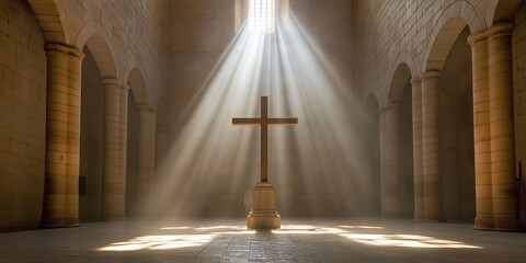 Light beams illuminating cross in church interior