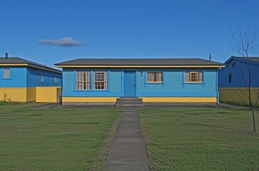 Fototapeta premium Set of residential real estate construction sketches of a house with green grass and a blue sky 