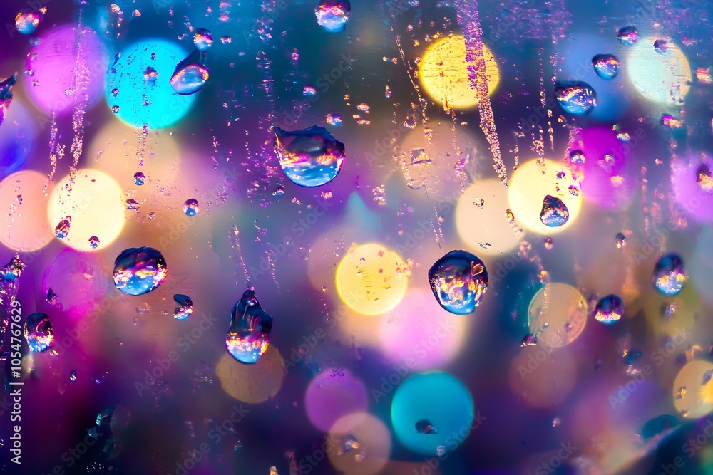 Poster bokeh lights behind raindrops on window for abstract colorful background : generative ai