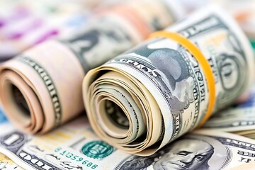 Rolled bundles of United States dollar bills with vibrant colors and secure bands : Generative AI