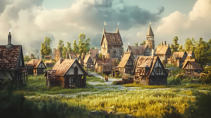 Fototapeta premium The small medieval fantasy village illustrated in medieval style. (illustration, generative ai). Fantasy Village. Illustration