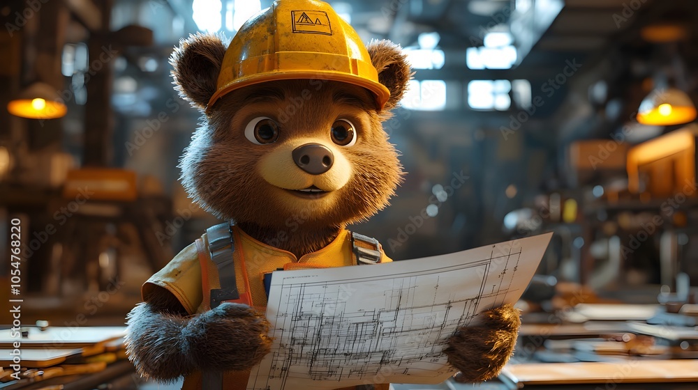 Poster friendly 3d cartoon style bear engineer wearing a hard hat and safety vest holding blueprints with a