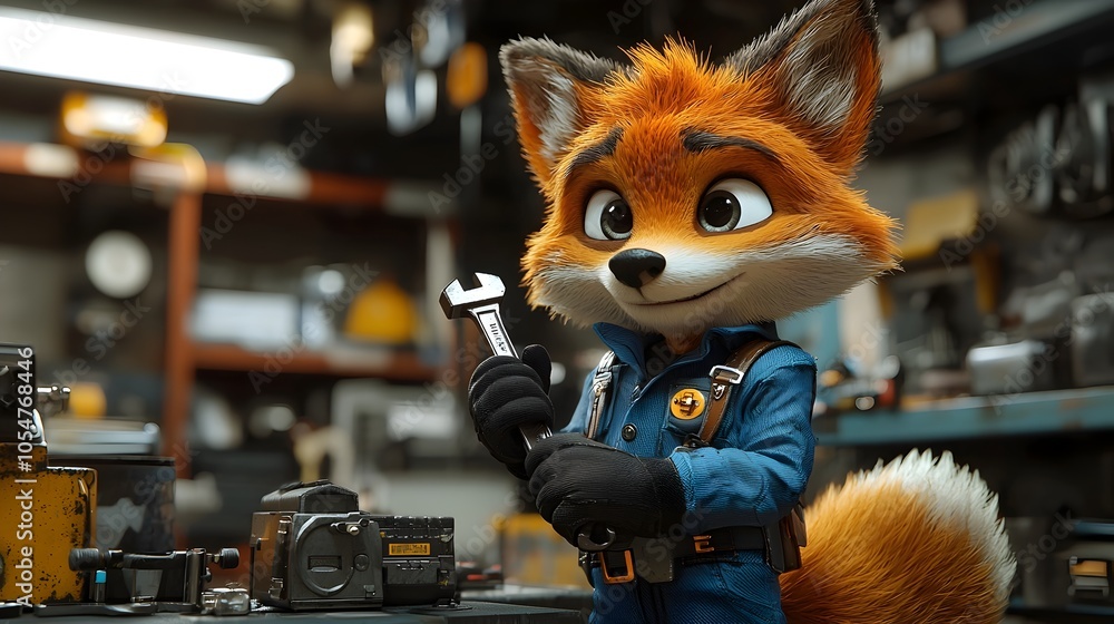 Poster cartoon style fox engineer holding wrench with determined look set in vibrant and modern office work