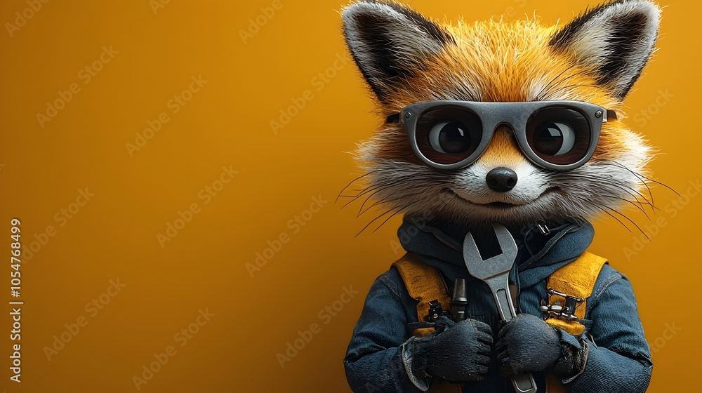 Aufkleber cartoon style 3d of a fox engineer in a vibrant modern workspace holding a wrench with a determined 