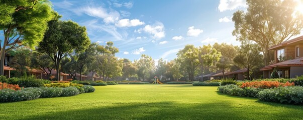 Fototapeta premium Beautiful Suburban Neighborhood Park with Lush Greenery and Modern Houses on a Sunny Day