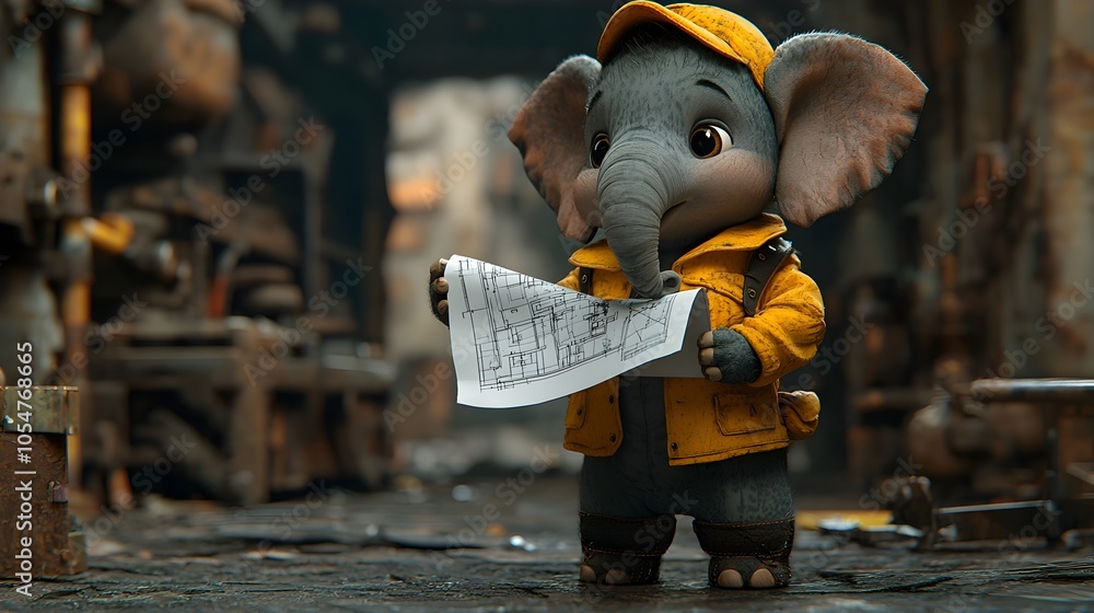 Poster a 3d animated cartoon elephant engineer confidently holds a blueprint and ruler standing in an indus