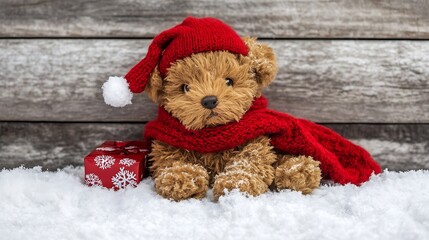 Cozy Christmas Teddy Bear with Santa Hat and Scarf on Snowy Winter Background : Generative AI