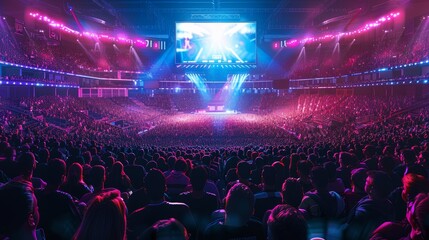 Vibrant E-Sports Event Arena with Enthusiastic Crowd and Dynamic Lighting Effects Capturing the Excitement of Competitive Gaming