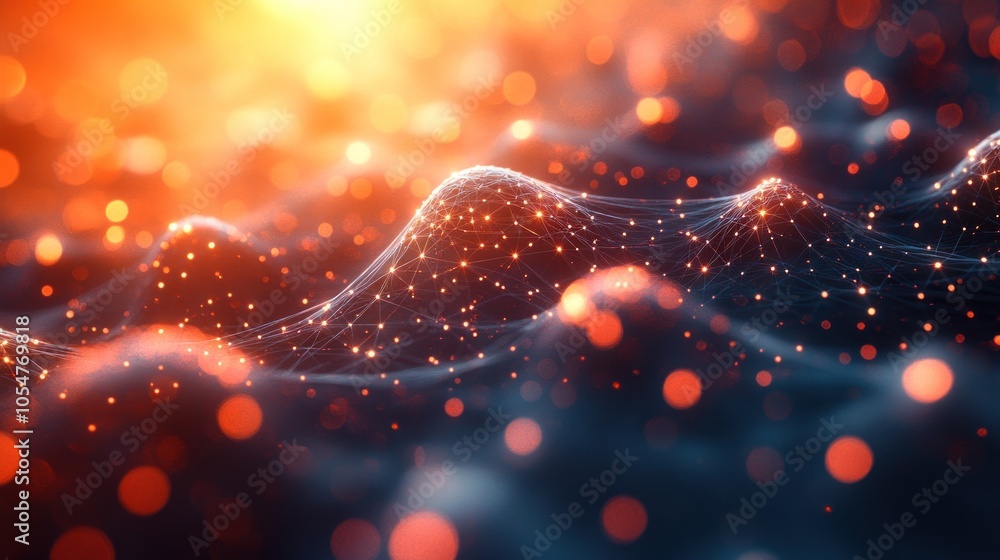 Poster abstract waves with glowing particles in a vibrant atmosphere.