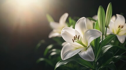 Obraz premium Elegant white lilies illuminated by soft sunlight