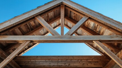 A wooden structure showcasing beams and a clear blue sky above.