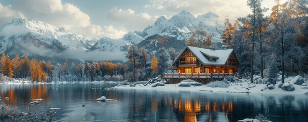 Obraz premium Cozy Mountain Cabin by a Serene Lake in Winter Wonderland with Snow-Capped Peaks and Pine Trees