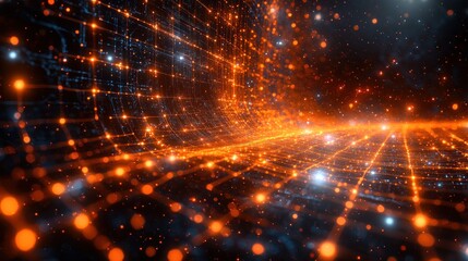 Fototapeta premium Abstract digital landscape with glowing particles and lines.